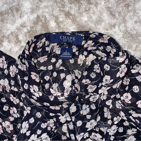 Chaps brand black & white floral print tuxedo ruffle front button up SZ L - Picture 7 of 10